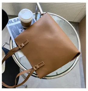 Brown leather tote bag large capacity minimalist shoulder bag for women daily chic