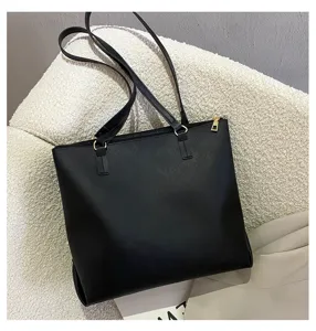 Classic black PU leather large capacity shoulder tote bag, perfect for daily commuting wear.