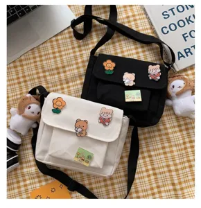 Cute Japanese Harajuku canvas crossbody bag for women casual student shoulder bag with pins