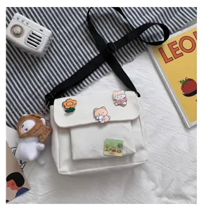 Cute white canvas crossbody bag for women, Japanese harajuku style shoulder bag with pins.