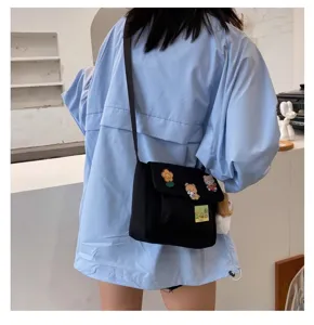 Japanese Harajuku style black canvas crossbody bag for women cute shoulder bag daily use