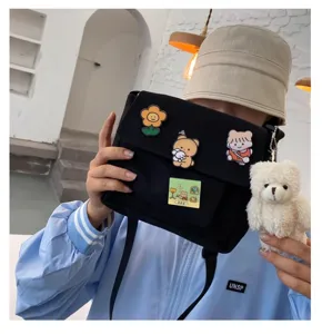 Cute canvas cross body bag japanese harajuku style black shoulder bag with cute bear pendant for women