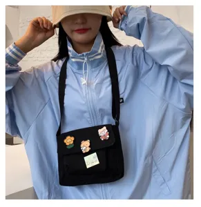 Cute canvas crossbody bag for women, Japanese Harajuku style shoulder bag with pins.