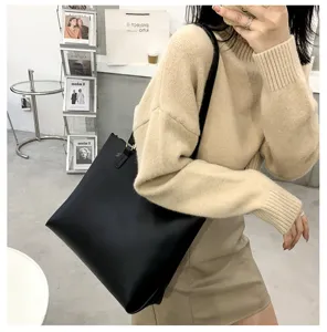Black large capacity shoulder tote bag, minimalist design, versatile daily wear bag.