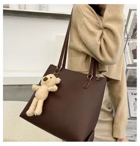 Women large capacity brown leather shoulder tote bag with cute plush bear pendant daily use