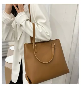 Women large capacity shoulder tote bag brown fashion casual handbag daily commuting purse