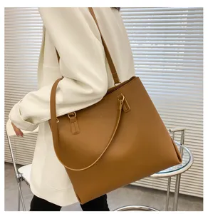 Elegant brown PU leather large capacity women tote bag, casual daily shoulder handbag.