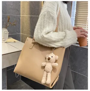 Stylish large capacity women shoulder tote bag with cute plush bear pendant for autumn winter