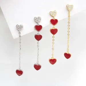 S925 Sterling Silber Rot Emaille Herz Lange Quasten Ohrringe Elegante Strass Pave Ohrhänger Romantisch Damen Schmuck