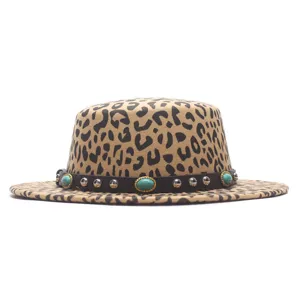 Chapeau Fedora plat à imprimé léopard avec clous turquoise et large bord pour femme style