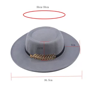 Damen Herbst Winter flacher Hut Filzhut Fedora mit Metall Fischgräten Band, grau.