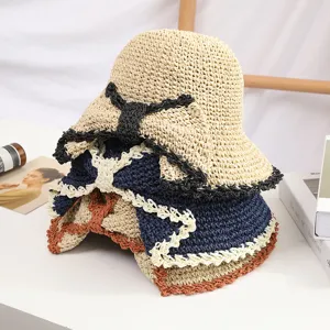 Chapeau de paille crocheté à la main pour femme élégant chapeau de plage anti-soleil