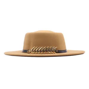 Damen Herbst Winter flacher Hut Wolle Filz Fedora Hut camel Mode Reisehut mit Metall Fischgrät