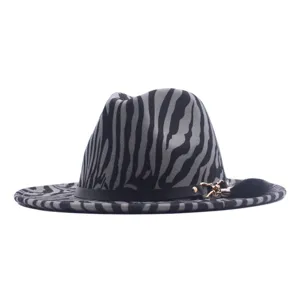 Stylish zebra stripe fedora hat with leather belt and metal charm, autumn winter fashion hat.