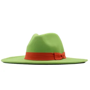 Grüner Wollfilzhut mit orangem Band, breite Krempe Fedora Hut Damen Herbst Winter Mode.