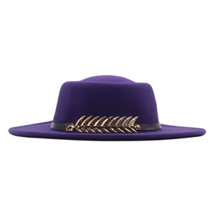 Damen Lila Wolle Filz Flacher Hut Fedora mit Metall Fischgräten Dekor und Lederband