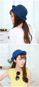 Vue détaillée de l'élégant chapeau melon en mélange de laine bleue, style rétro, gros plan.