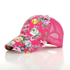 Dames Mode Bloemenprint Honkbalpet Katoen Ademend Mesh Zonnehoed Gebogen Rand Verstelbaar Outdoor Reizen Truckerpet