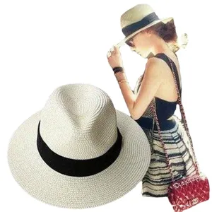 Sombrero de Sol Fedora de Paja Clásico Unisex Estilo Occidental Copa Plana Panamá Sombreado de Verano Gorra de Playa Con Cinta para Viaje Mujeres Hombres Accesorios
