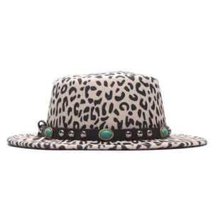 Chapeau fedora imprimé léopard avec ceinture en cuir clouté, chapeau de jazz en feutre de laine.