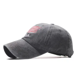 Washed cotton baseball cap with USA flag embroidery, vintage distressed unisex casual hat.