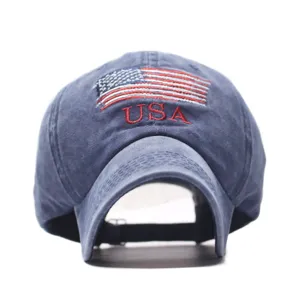 Vintage washed cotton baseball cap with embroidered USA flag design, casual unisex sun hat.