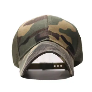 Camo baseball cap detail showing breathable mesh back and structured front brim for outdoor wear.