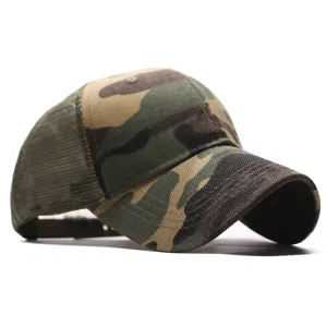 Camo mesh baseball cap detail showing breathable fabric, curved brim and adjustable strap.