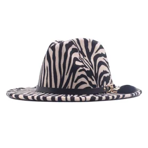 Zebra print fedora hat detail featuring stylish black belt and gold metal hardware accent.