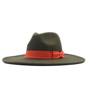 Breiter Krempe Wollfilz Fedora Hut mit orangefarbenem Band, elegante Damen Kopfbedeckung.