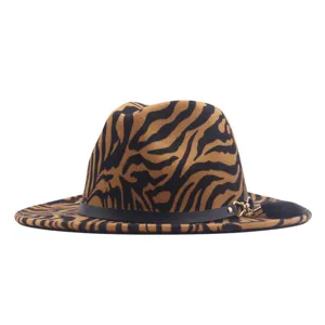 Fashionable autumn winter striped jazz hat flat brim woolen hat with leather belt chic accessory