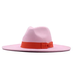 Vintage Westlicher Stil Breite Krempe Fedora Hut Für Damen Einfarbig Polyester Baumwolle Wollstoff Jazzhut Mit Band Schleife Verzierung