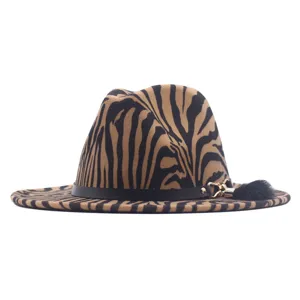 Zebra Striped Woolen Fedora Hat With Belt Metal Buckle Fashion Jazz Hat For Women Men Autumn Winter Warm Flat Wide Brim Hat