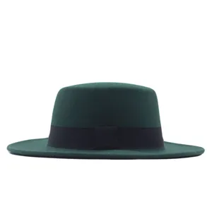 Grüner flacher Wollfilz Fedora Hut retro Herbst Winter Jazz Hat mit schwarzem Band