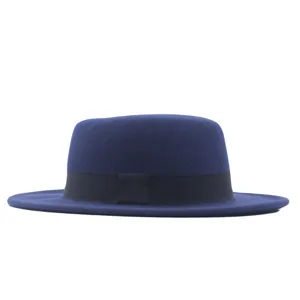 Dunkelblaue flache Fedora Wollfilz Hut Retro Herbst Winter Jazz Hut Detail Ansicht
