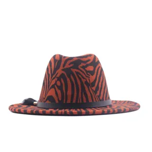 Fashion autumn winter striped jazz hat with belt and feather, stylish flat brim woolen fedora.