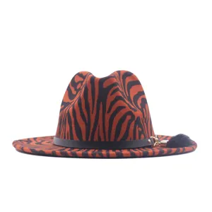 Stylish autumn winter wool fedora hat with striped pattern, black belt and tassel decor.