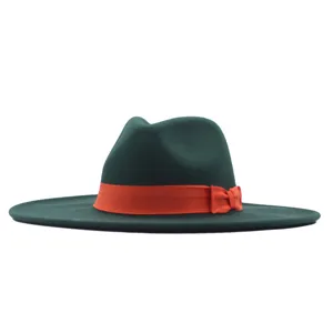 Damen breite Krempe Wolle Fedora Hut mit orangefarbenem Band, elegante dunkelgrüne Jazzmütze.
