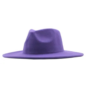 Detailaufnahme des eleganten violetten Breiter-Krempe-Filzhutes, klassischer Herbst-Winter-Stil.