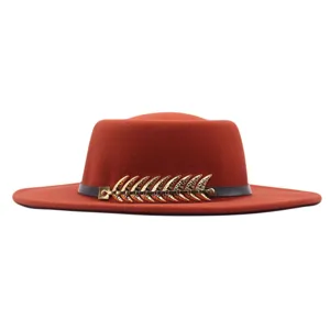 Damen Wolle Filz Flacher Hut Herbst Winter Vintage Metall Feder Gürtel Fedora Kappe
