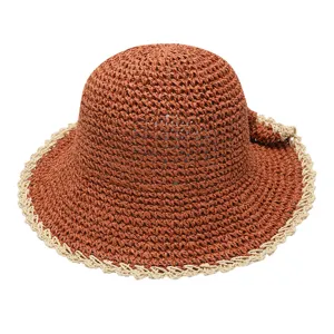 Femme Été Chapeau de Paille Crocheté Main Protection Solaire Chapeau de Pêcheur Casquette