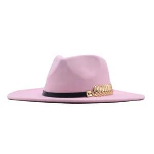 Rosa Woll Fedora Hut für Damen mit schwarzem Band und goldenem Blattdekor breite Krempe neu