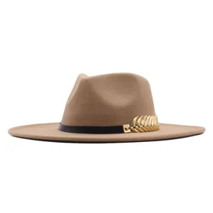 Eleganter Westlicher Stil Damen Wollfilz Fedora Hut Breite Krempe Metallblatt Gürtelschnalle Verzierung Jazz Hut Herbst Winter Warme Kappe