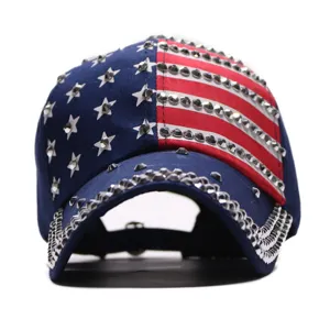 Close-up detail of the rhinestone embellished US flag denim baseball cap front design.