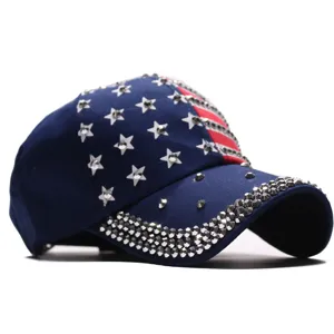 Stylish US flag rhinestone denim baseball cap for women, sparkling outdoor sun hat.