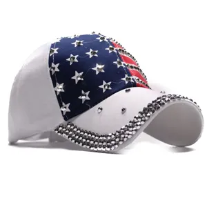 Rhinestone American flag baseball cap detail, sparkly crystal star denim visor hat