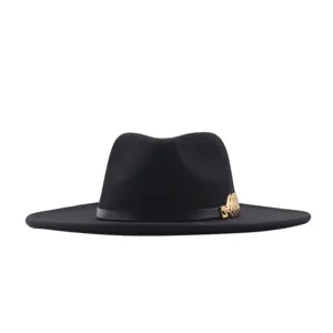 Schicker schwarzer Wollfilzhut mit Metallblatt, 9cm breite Krempe Damen Jazzhut Herbst Winter.