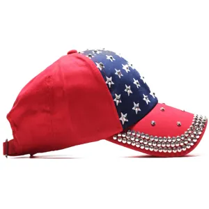 Detailed side view of the American flag rhinestone baseball cap, sparkling crystal star design.