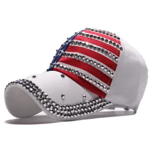 White rhinestone baseball cap featuring American flag design, stylish outdoor sun hat for women.