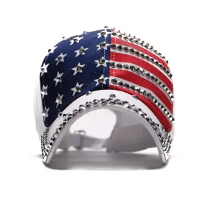 American flag rhinestone baseball cap, stylish studded star and stripe sun hat for outdoor wear.